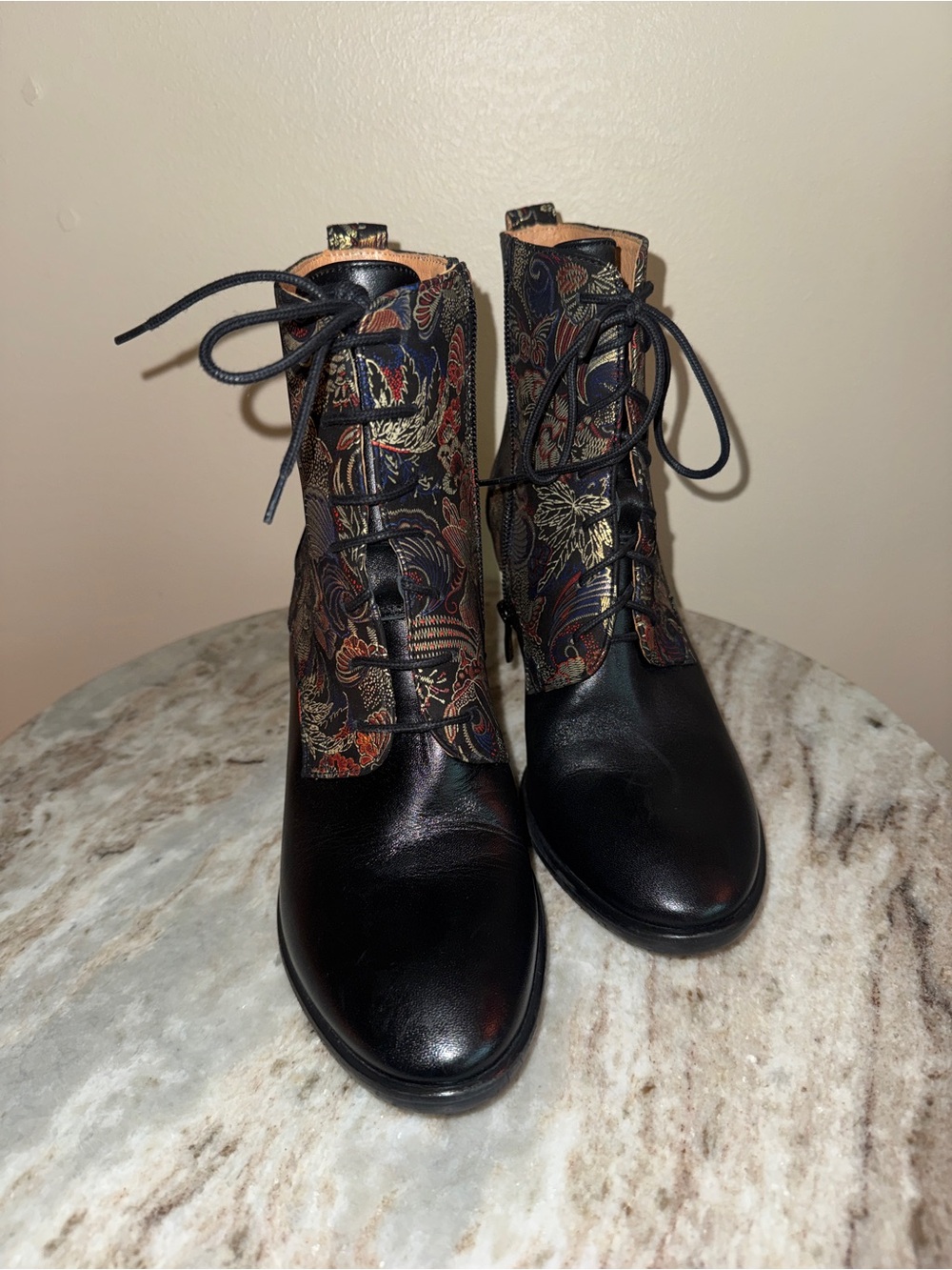 Embassy London Black Lace-Up Ankle Leather Boots with Floral Tapestry